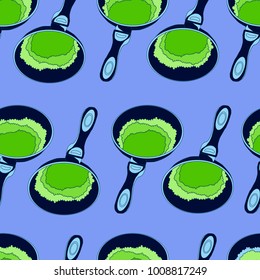 seamless pattern with blue frying pans on a blue background. Idea for the kitchen