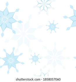 Patrón sin foco, los copos de nieve geométricos geométricos de color azul aplanan estrellas de diferentes tamaños sobre fondo blanco. Vacaciones de invierno de estilo plano y concepto de Año Nuevo Feliz. Ornamento de Navidad para papel de pared textil o papel de envoltura