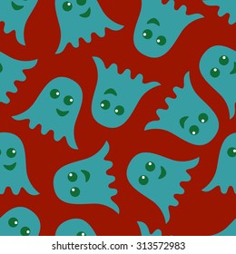 seamless pattern of blue ghosts on a red background. flat