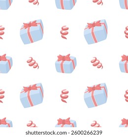 Seamless pattern of blue gift boxes with pink ribbons and curls on a white background