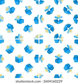 Seamless pattern of blue gift boxes with gold ribbons floating on white background