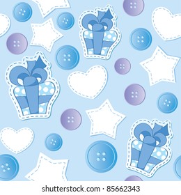 seamless pattern with blue gift boxes and buttons