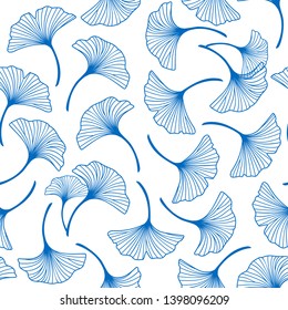 Seamless pattern with blue ginkgo leaves ornate on white background