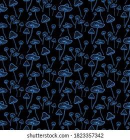 Seamless pattern of blue glowing forest mushrooms on a dark background, mushroom wallpaper or textile for travelers, blue toadstools and fly agarics from the magic forest, autumn print 