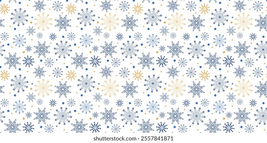 Seamless pattern of blue and gold snowflakes on transparent background. Vector linear editable background. Isolated winter snowflakes flying. For fabric, packaging, web design