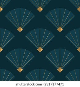 Seamless pattern with blue and golden elements on deep blue. Vector background. 