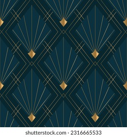 Seamless pattern with blue and golden rhombus. Vintage background. Vector print.