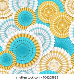 Seamless pattern of blue and golden umbrellas.Floral background of flowers cut from paper.