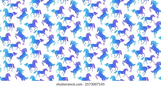 Seamless Pattern with Blue Gradient Silhouettes of Graceful Galloping and Rearing Horses, Elegant Vector Background for Textile, Wrapping Paper, and Equestrian Themed Design Projects