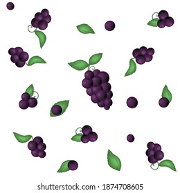 seamless pattern of blue grapes with leaves on a white background