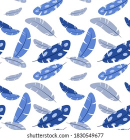 Seamless pattern of blue and gray bird feathers flying in the wind. Textile or gift wrapping paper design