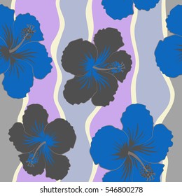 Seamless pattern in blue and gray colors. Vector vintage seamless tropical hibiscus flowers.