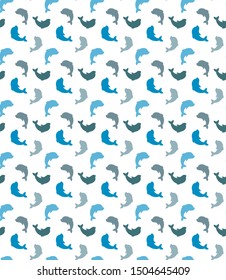 Seamless pattern with blue and gray Dolphins that swim. Cute Marine pattern for fabric, baby clothes, background, textile, wrapping paper and other decoration. Vector 
wallpaper in scandinavian style.