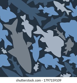 Seamless pattern of blue, gray, blue, gray-brown silhouettes of different northern fish in camouflage style.