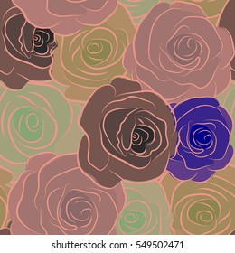 Seamless pattern with blue and gray rose flowers, vector floral illustration in vintage style.