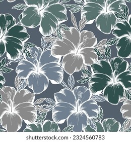 Seamless pattern, blue, green and beige hibiscus flowers with white outline. Retro print, textile, background, vector	
