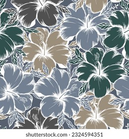 Seamless pattern, blue, green and beige hibiscus flowers with white outline. Retro print, textile, background, vector	

