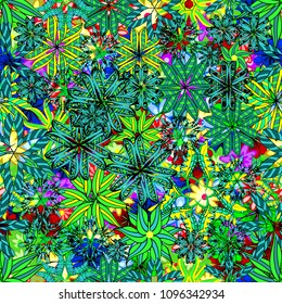 Seamless pattern with blue, green, black, yellow and red flowers, watercolor floral pattern, cute flower, tileable for wallpaper, card or fabric. Vector - stock.