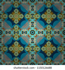 Seamless pattern in blue, green and brown colors. Vector abstract home decorative ornament, containing from geometric figures and mandalas.