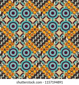 Seamless pattern in blue, green and brown colors. Vector background with tiles and rhombus. Vector geometrical seamless ornament.
