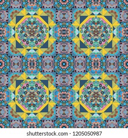 Seamless pattern in blue, green and brown colors. Vector abstract home decorative ornament, containing from geometric figures and mandalas.