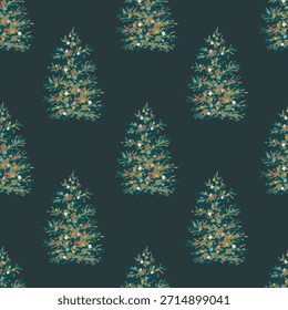 Padrão contínuo azul e verde árvore de Natal com muitos ornamentos e mostrado em um verde escuro