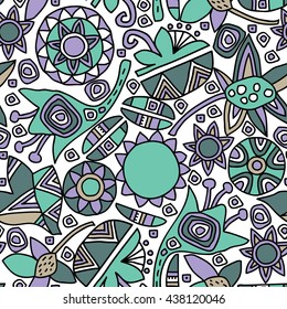 Seamless pattern with blue and green circles, stars, spirals in the ethnic style.
