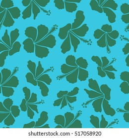 Seamless pattern in blue and green colors. Vector hand drawn painting of blue and green hibiscus flowers.