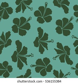 Seamless pattern in blue and green colors. Vector vintage seamless tropical hibiscus flowers.