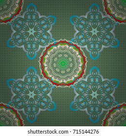Seamless pattern in blue and green colors. Vector sketch with motley ornament.