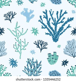 Seamless pattern with blue and green corals, seaweed or algae. Backdrop with undersea life, ocean or sea species, underwater flora and fauna. Flat colorful vector illustration for wrapping paper.