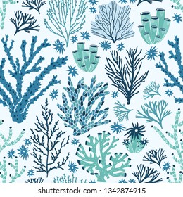 Seamless pattern with blue and green corals and seaweed. Backdrop with seabed species, underwater flora and fauna, aquatic life. Flat decorative vector illustration for fabric print, wallpaper.