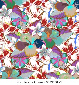 Seamless pattern with blue and green flowers. Floral watercolor seamless background. Vector textile print for bed linen, jacket, package design, fabric and fashion concepts.