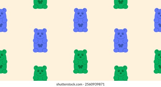 Seamless pattern of blue and green gummy bears on a beige background. Candy print design with doodle bear character for fabric, textile, wrapping paper, cover, backdrop, wallpaper. Vector