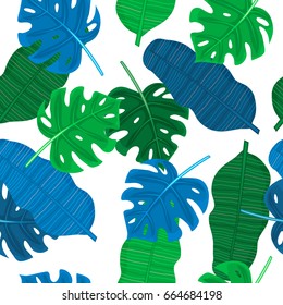 Seamless pattern with blue and green hand drawn cartoon style tropical leaves.