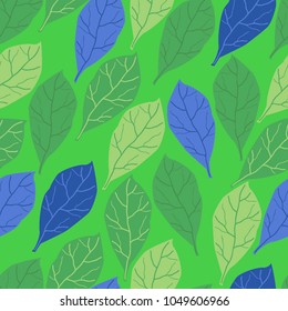Seamless pattern of blue and green leaves on a green background