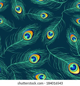 Seamless pattern of blue green peacock feathers 