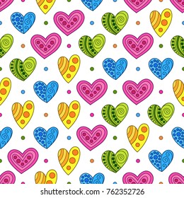 Seamless Pattern of Blue, Green, Pink, Yellow Hand-drawn Hearts on White Background. Creative Continued Doodle Ornament.