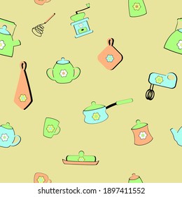 Seamless pattern with blue, green and red kitchen utensils on yellow background