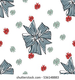 Seamless pattern with blue, green and red bows. Decorative vector art for decorating greeting cards, banners or ads for wedding, birthday, Valentines day, new year, Christmas or other holidays.