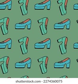 Seamless pattern with blue and green shoes on green background. Vector image.