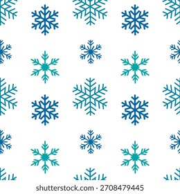 Seamless pattern with blue and green snowflakes on a white background, winter nature concept. Vector illustration for greeting card, print fabric or textile design, seasonal decoration for winter.