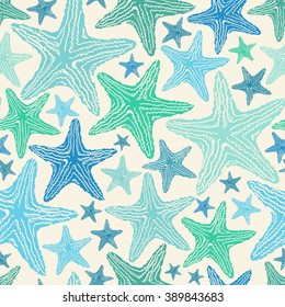 Seamless pattern of blue green starfish on a white background.