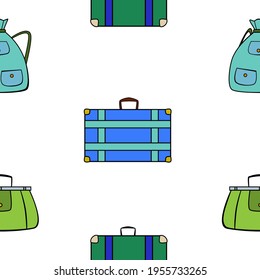 Seamless pattern with blue and green travel suitcases, valise and hiking backpack in cartoon style on white background.