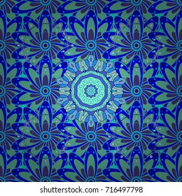 Seamless pattern with blue, green and violet flowers and leaves on blue, green and violet colors, watercolor floral pattern, flower rose, tileable for wallpaper, card or fabric.