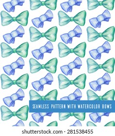 Seamless pattern with blue and green watercolor bows