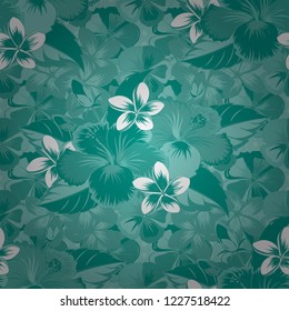 Seamless pattern in blue, green and white colors. Vector vintage seamless tropical hibiscus flowers.