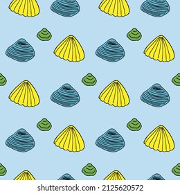 Seamless pattern with blue, green and yellow sea shells on light blue background. Vector image.