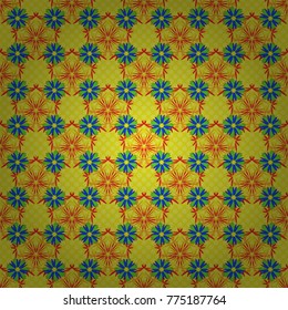 Seamless pattern with blue, green and yellow flowers and leaves, abstract floral pattern. Tileable vector pattern for wallpaper, cards or fabric.