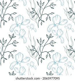 Patrón incomparable con ramas y flores decorativas azules y grises. calma, en tonos fríos, ilustración de fondo blanco.
